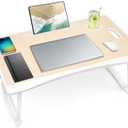 Amaredom Laptop Bed Desk Tray Bed Table, Foldable Portable Lap Desk Notebook Stand Reading Holder with Storage Drawer and Cup Holder for Eating Breakfast on Bed/Couch/Sofa-White Oak