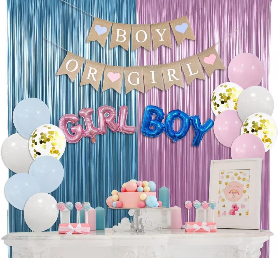 Baby Gender Reveal Party Decorations, 23 Pcs Boy or Girl Baby Shower Party Decoration including Pink Blue Balloons Boy or Girl Banner Fringe Curtains