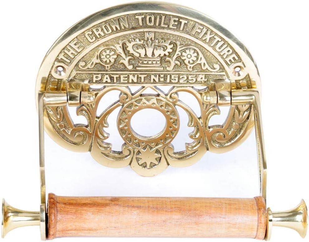 Bright Brass Wall Mount Toilet Paper Holder 7.25" Wide Vintage Crown Style Solid Brass Easy Install Toilet Tissue Paper Holders with Wooden Roll for Bathroom | Renovators Supply Manufacturing