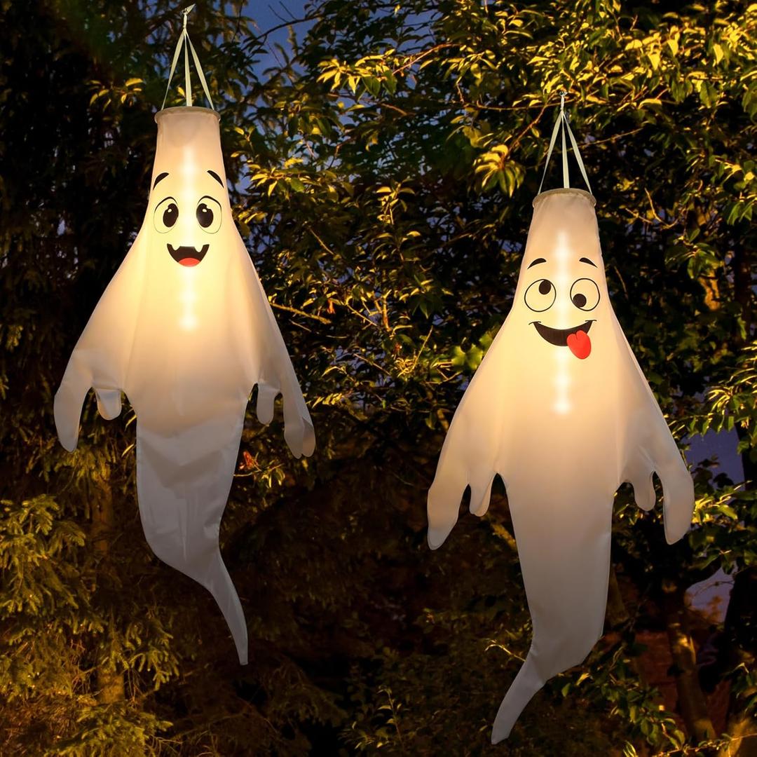 Halloween Ghost Decorations Outdoor: with Timer, 4 Pcs Cute Hanging Ghost for Tree Porch Garden Yard, Waterproof LED Ghost Halloween Decor
