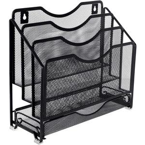 EasyPAG Mesh Desk Paper Organizer Wall Hanging File Holder with 3 Upright File Organizer and Sliding Drawer,Black