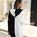 Womens Hooded Long Cardigan Color Block Open Front Knit Cardigan Oversized Lightweight Knit Sweater Outwear (S)
