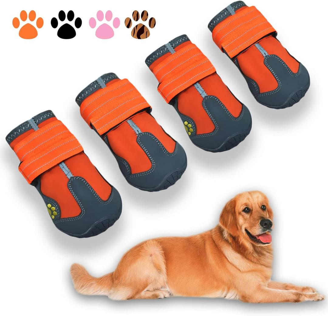 XSY&G Dog Boots,Waterproof Dog Shoes,Dog Booties with Reflective Strips Rugged Anti-Slip Sole and Skid-Proof,Outdoor Dog Shoes for  Dogs 4Pcs Orange-Size 1