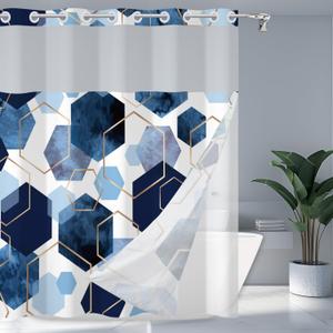 Blue Shower Curtain with Snap in Liner No Hook Geometric Grid Modern Bathroom Curtain with See Through Mesh Top Window, Fabric Waterproof Inner Liner, Size 30 x 17 inch