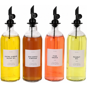 Molimoli Oil and Vinegar Dispenser with Metal Pour Spout, Weighted Pourer, Glass Bottle Dispenser for Kitchen, Olive Oil Cruet, Glass Olive Oil Bottle | 500ml, Set of 4
