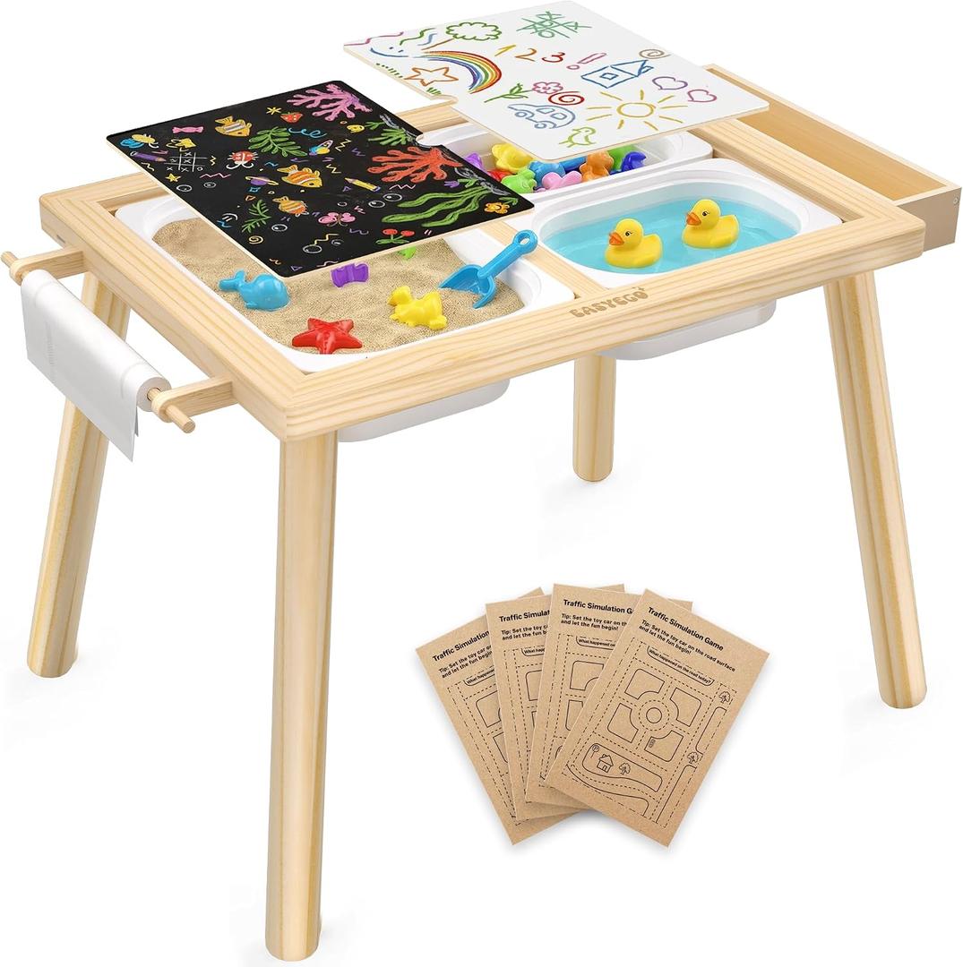Easyego Wooden Sensory Table Multifunctional Sand & Water Table with Double-Sided Lid, Paper Roll, Storage Box, Transparent & Game Board, and Foldable Bins for Kids' Indoor & Outdoor Play