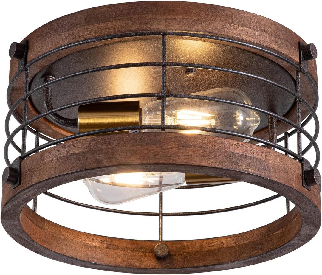 Farmhouse Flush Mount Ceiling Light, 12.6 Inch 2-Light Metal and Wood Close to Ceiling Light Fixture, Rustic Drum Semi Ceiling Light for Kitchen, Dining Room, Living Room, Hallway, Entryway (Brown01)