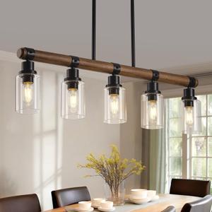 Dining Room Chandelier Over Table, 5-Light Farmhouse Kitchen Island Lighting, Matte Black Rustic Wood Chandelier with Clear Glass Shade, Ceiling Pendant Light Fixture for Kitchen