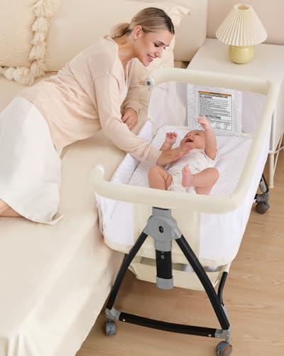 wayfong 3 in 1 Baby Bassinet Crib with Breathable Mesh, Bassinet Bedside Sleeper with Wheels, Mosquito Net, Storage Basket, 6 Height Adjustable, Easy to Assemble, Bassinets for Newborn Baby