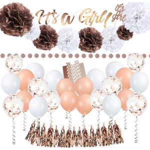 EpiqueOne 52-Piece Its A Girl Baby Shower Party Decor Kit | Includes a Banner, Tissue Paper Pom Poms, Rose Gold Balloons & More | Easy to Assemble | For Gender Reveal & Baby Shower Decorations