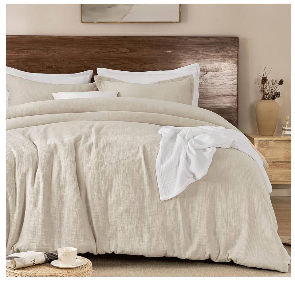 PHF Cotton Muslin Comforter Set King – 100% Cotton Cover, Ultra Soft & Breathable, 3PCS Lightweight All-Season Bedding with Polyester Fill, 1 Comforter 104"x90" & 2 Pillow Shams 20"x36", Natural 