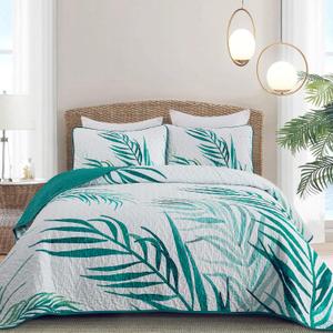 Quilt Set Queen Size Aqua Tropical Coastal Botanical Quilt Bedding Set, 3 Piece Lightweight Soft Microfiber Palms Tree Bedspreads Coverlet Set with 2 Pillowcases for All Season (Queen,96"x 90")
