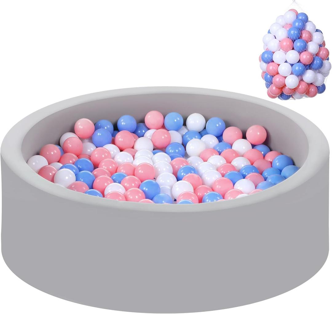 Wilwolfer Foam Ball Pit for Toddlers with 100 Balls, Large Baby Ball Pit for Babies with Soft Memory Sponge, Indoor Outdoor Baby Playpen, Kids Play Ball Pool, Gift Toys for Infants Boys and Girls, (Gray Ball Pit with 100 Tricolor Balls)