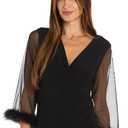 R&M Richards Women's Elegant Feather Trim Wrap Mini Dress W/Illusion Long Sleeves, Ruched Waist & Rhinestone Brooch Black, Size 4P