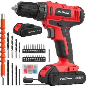 PULITUO 20V Cordless Drill/Driver with Battery and Charger, 3/8"Keyless Chuck, 2 Variable Speed, 266 In-lb(30 N.m), 21+1 Torque Settings, power Drill with LED Light, Drill Driver Kit for Home (Red)