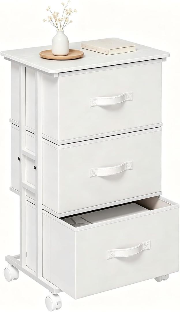 DUMOS Nightstand, Rolling Bedside Table with 3 Fabric Drawers, 11.8"D x 16.7"W x 30.1"H
