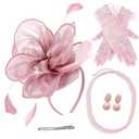 4 PCS Fascinators Hat Wedding Cocktail Tea Party Headwear with Lace Gloves Pearl Necklace Earrings (Pink)