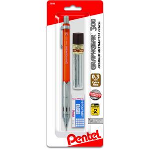 Pentel Arts GraphGear 300 Mechanical Pencil, (0.3mm) Extra-fine line, Orange Barrel, w/small block eraser + 1 lead tube
