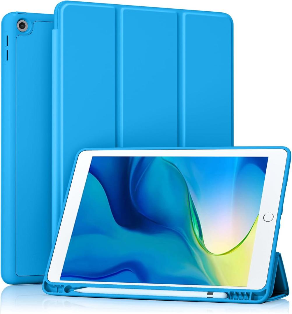 Akkerds Case Compatible with iPad 10.2 Inch 2021/2020/2019, for iPad 9th/8th/7th Generation Case with Pencil Holder, Protective Case with Soft TPU Back, Auto Sleep/Wake Cover, LightBlue