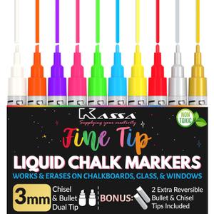 Kassa 10-Pack Neon Multicolor Chalk Markers | Includes Reversible Bullet & Chisel Tips | Works on Chalkboards, Windows, Glass or Mirrors |Ideal for Use at Home, & Office