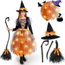Spooktacular Creations Witch Costume Kids, Light Up Halloween Costumes Witch Dress with Hat and Broom for Girls, Sweet Wizard Set for Toddler Scary Halloween Themed Parties, Orange, M (Medium(8-10 yrs))