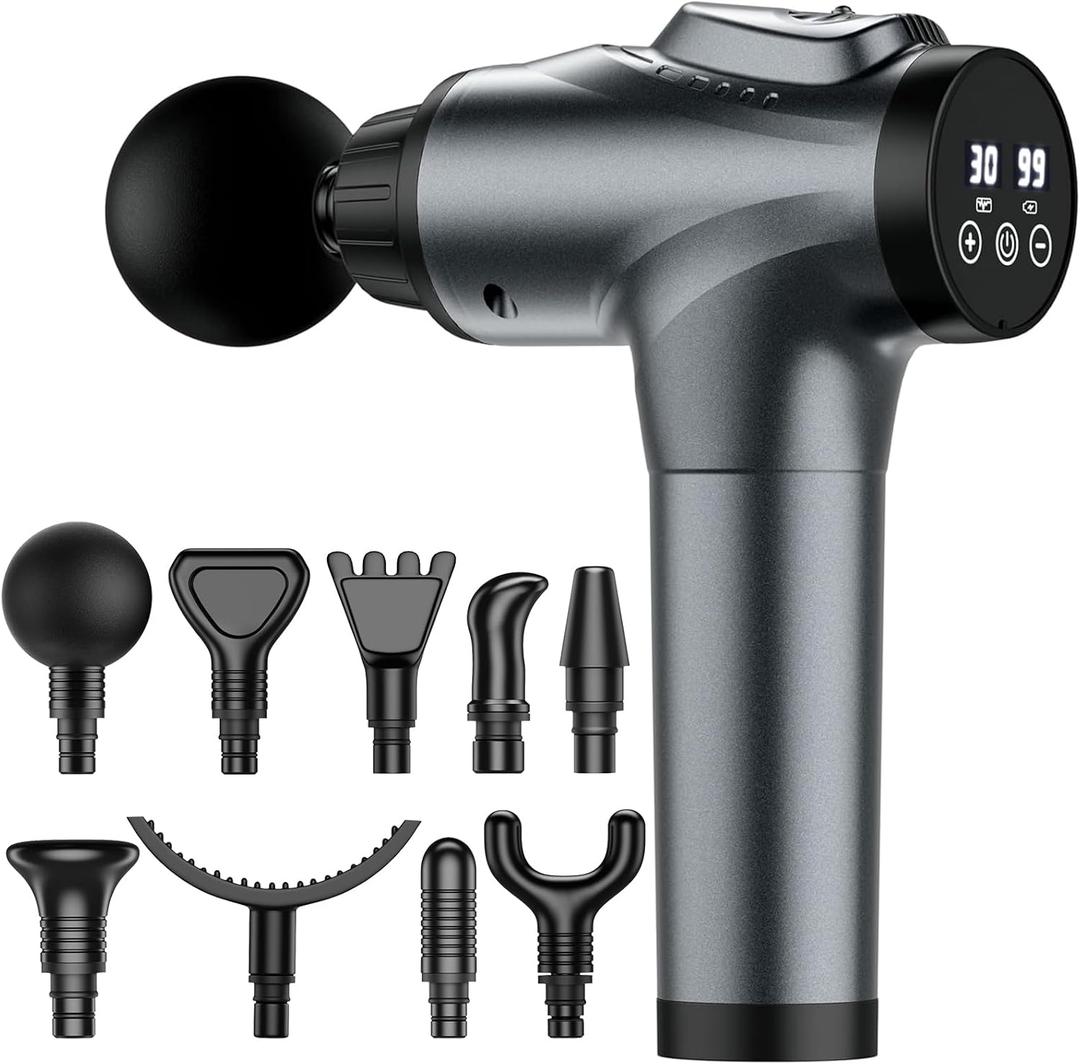 Muscle Massage for Athletes Handheld Electric Deep Tissue Back Massager, Percussion Massage Device for Pain Relief with 30 Speed Levels 9 Heads (Grey)