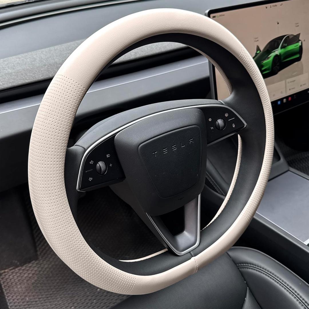 PINCTROT Nappa Leather Steering Wheel Cover for Tesla Model Y/3 Highland/Juniper, D Shaped 14 Inch Small Sized with Breathable Perforation, Fit Like Gloves, Flat Bottom 14 Inch (Nappa Beige)