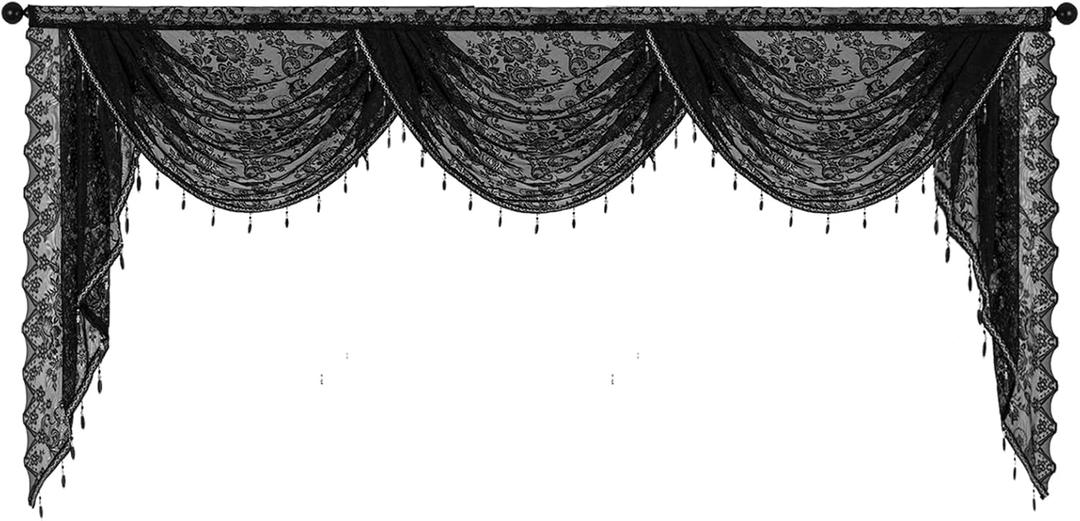 vctops Lace Beaded Waterfall Valances for Windows Floral Vintage Swag Valance Sheer Kitchen Window Curtains Over Sink Curtain Valance for Living Room Bedroom Bathroom Cafe (Black,98"x41")