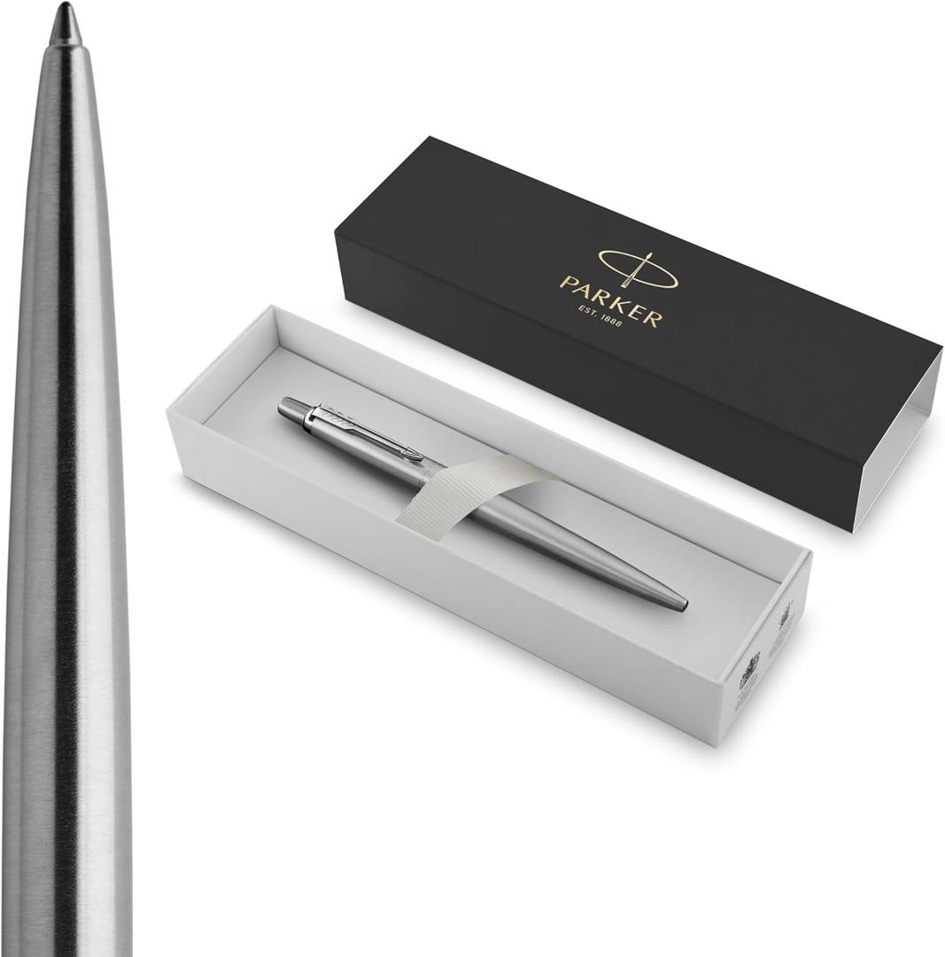 Parker Jotter Ballpoint Pen, Stainless Steel with Chrome Trim, Medium Point, Blue Ink - Smooth Writing, Sleek, Polished, Professional, Desk Essentials