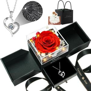 Preserved Real Rose with Heart Necklace  I Love You in 100 Languages, Forever Romantic Anniversary Valentines Day Gifts for Her, Wife, Girlfriend (Red)