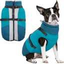 SUNFURA Dog Winter Coat, Warm Dog Coat with Harness for Medium Dogs Boys Girls, Reflective Fleece Lined Pet Winter Jacket Snowsuit for Pug, Jack Russel, Schnauzer, Turquoise (M, Neck 15in, Chest 20.9in)