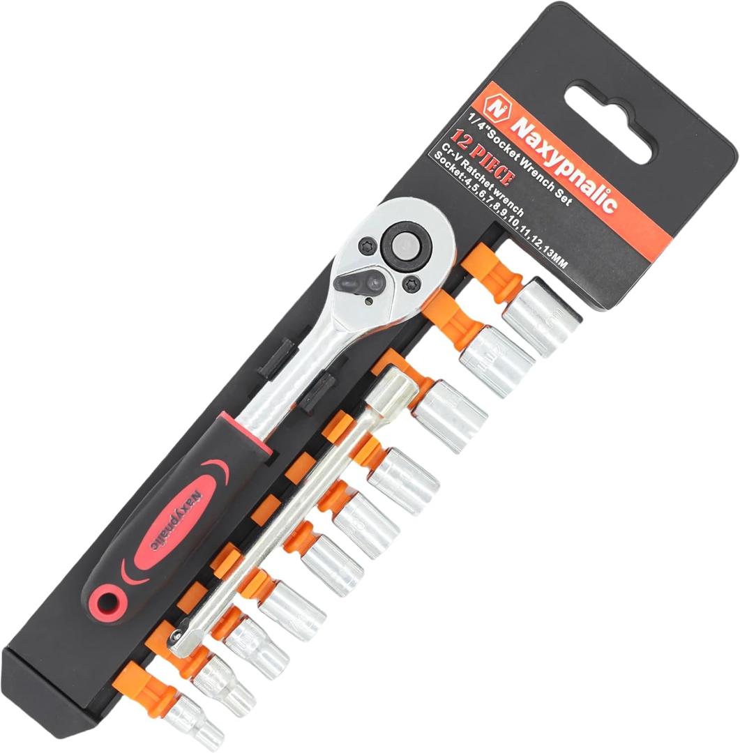 12 pcs 1/4 Inch Ratchet Socket Wrench SetSmall socket set with 4mm-13mm Metric Sockets Quick release ratchet handles and extension bar.