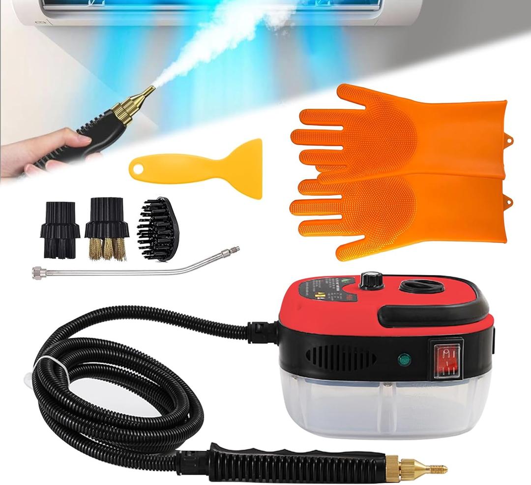 Steam Cleaner, 2500W High Pressure Steam Cleaner for Cleaning, 1.2L Portable Car Steamer with Brush Heads Gloves Scraper handheld Steam Cleaner for Home Use Kitchen Grease Car Detailing (110V, Red) (Red,Orange,Yellow)