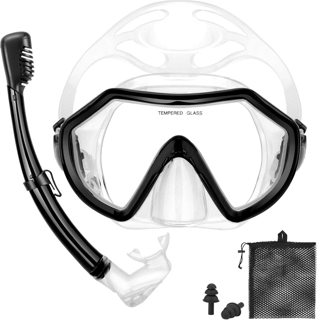 Snorkeling Gear for Adults, Dry Adult Snorkel Set HD Panoramic View Snorkel Mask Set, Anti-Leak and Anti-Fog Scuba Diving Package with Mesh Bag Ear Plug for Snorkeling Scuba Diving Travel (Black/Transparent)