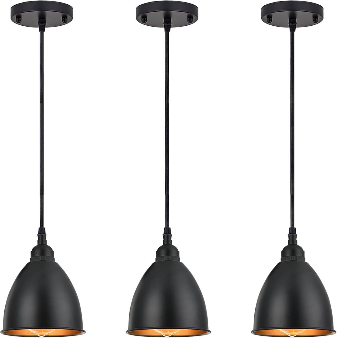 TERLEENART 3 Pack Industrial Farmhouse Ceiling Hanging Pendant Light Fixtures with Matt Black Metal Bell Shade Build-in Golden,for Kitchen Island Dinning Room Bedroom Living Room Entryway Loft Foyer
