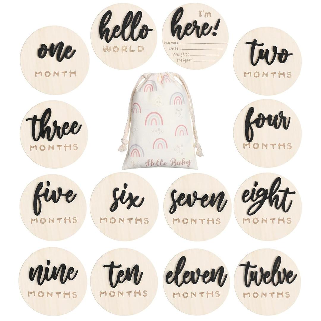 7 Pack 3D Baby Monthly Milestone Card Signs Baby Announcement Sign Double Sided Hello World Newborn Signs Wooden Circles Discs for Welcome Newborn Boy Girl Photo Props(Black,Letter)