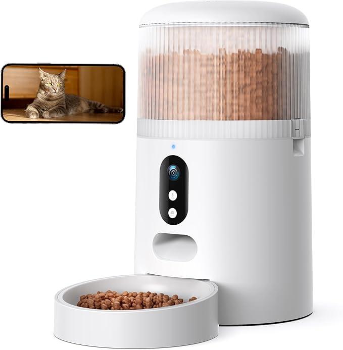 Automatic Cat Feeders with 2 Cameras and App, 4L 1080P HD Timed Pet Feeder Smart Dog Food Dispenser 2Way Audio for Cats/Small Dogs, Cat Food Dispenser with Night Vision/Motion Alerts, WiFi 2.4G/5G