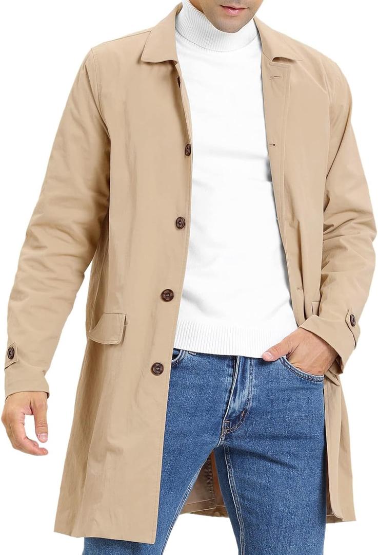 Mens Trench Coat Slim Fit Single Breasted Casual Long Jacket Lightweight Lapel Fall Windbreaker Overcoat (X-Large, Light Khaki)