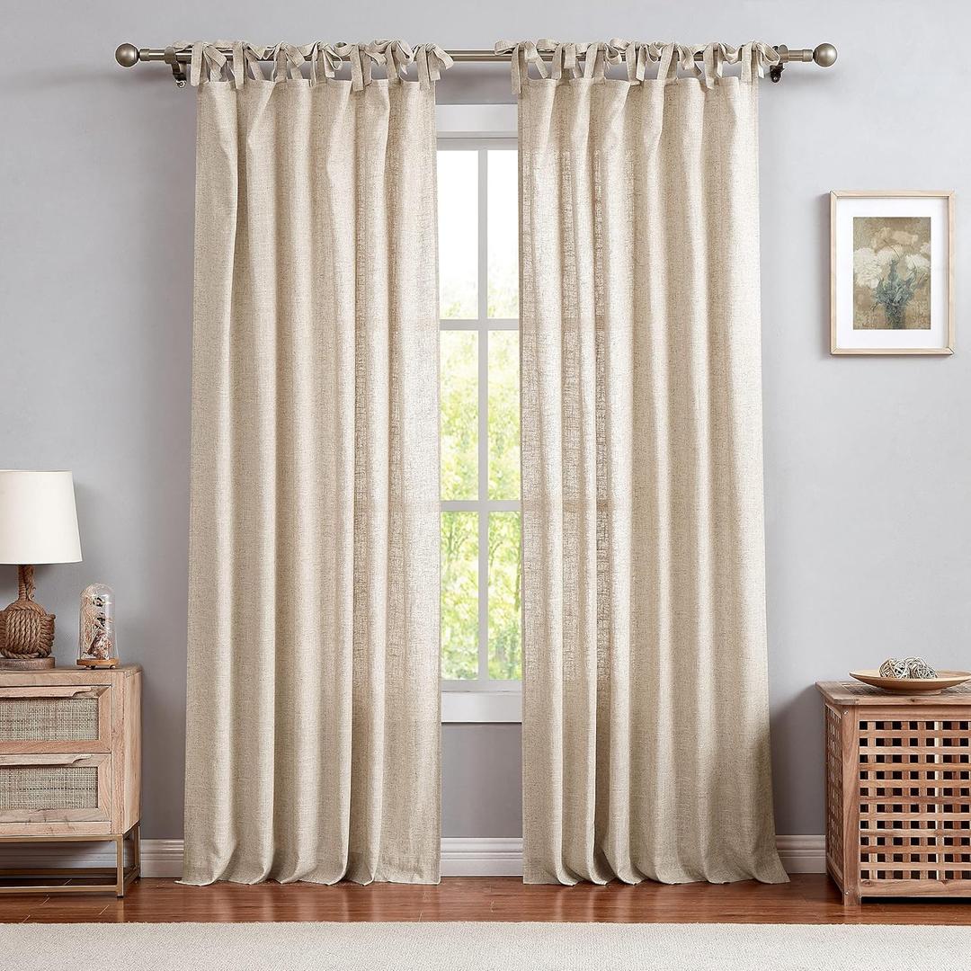 Central Park Linen Tie Top Curtain Semi Sheer Window Treatment Linen Cotton Blend Decorative for Living Room Drape 84 Inch Length Treatment for Bedroom Farmhouse Rustic Curtain, Linen, 1 Panel (50"W x 84"L (Pack of 1))