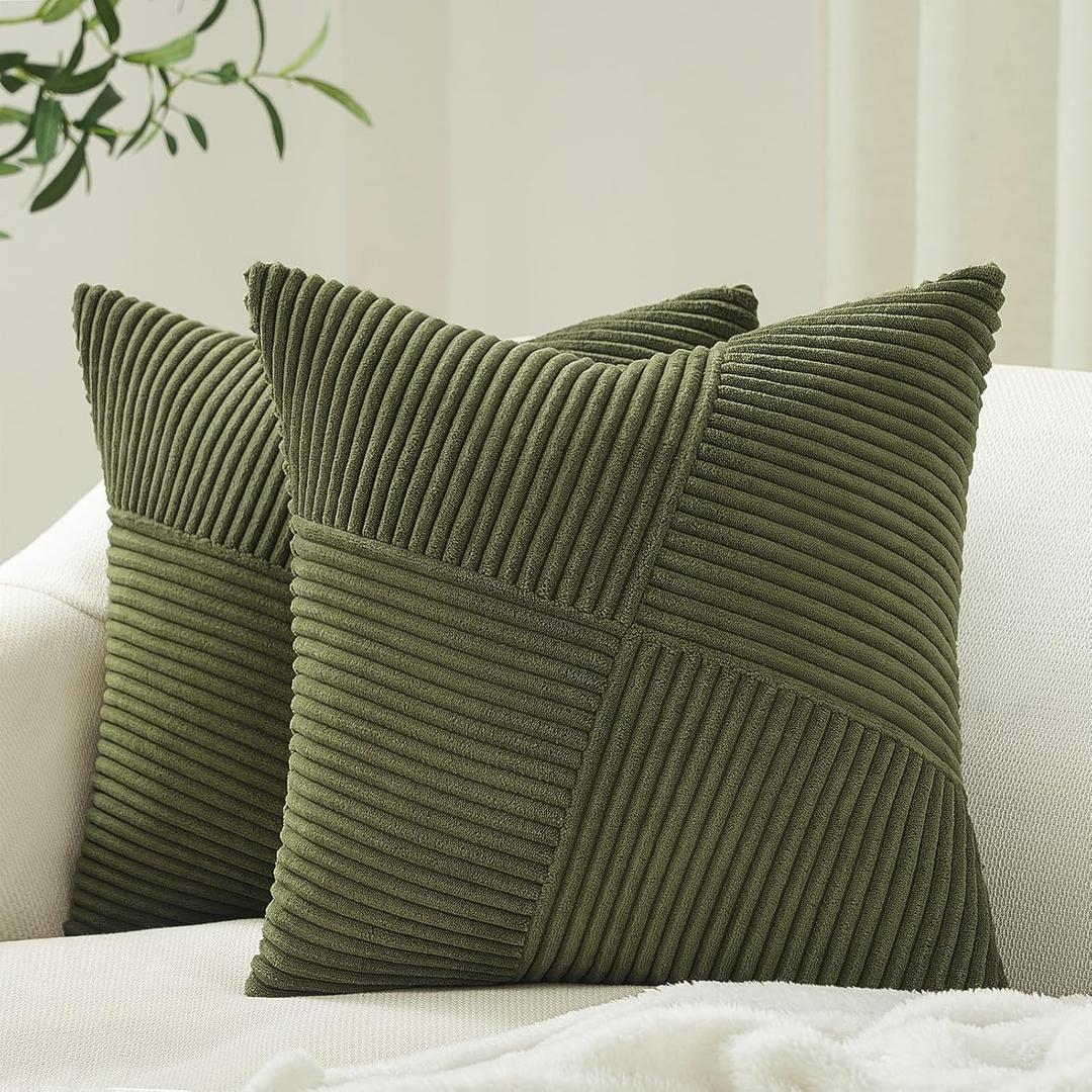 Topfinel 12x12 Inch Olive Green Decorative Throw Pillow Covers Set of 2,Soft Corduroy Small Couch Pillow Covers Windmill Textured Striped Patchwork Cushion Cover Cute Aesthetic Home Decor, Olive Green