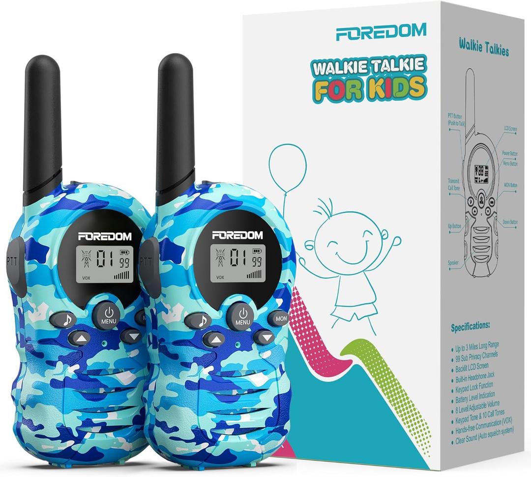 FOREDOM Walkie Talkies for Kids Walkie Talkies Long Range for Boys & Girls Age 3 to 12 Year Old Birthday Cool Army Toys - 2 Pack (Camo Blue)