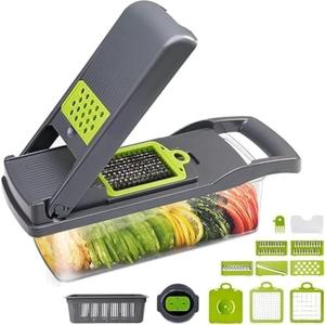 Wotay Vegetable Chopper,Grater,Cutter and Slicer 7 in 1 for Kitchen.Vegetable Fruit Potato and Onion Multi-Blade Dicer with Large Container, Green, WT005