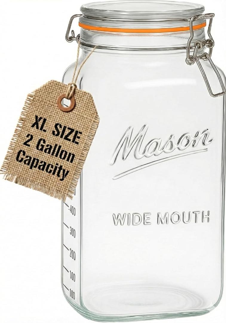 kitchentoolz 2 Gallon Large Glass Mason Jar with Airtight Lid- Extra Wide Mouth - Big Fermentation & Canning Container - Jumbo Storage - Pack of 1