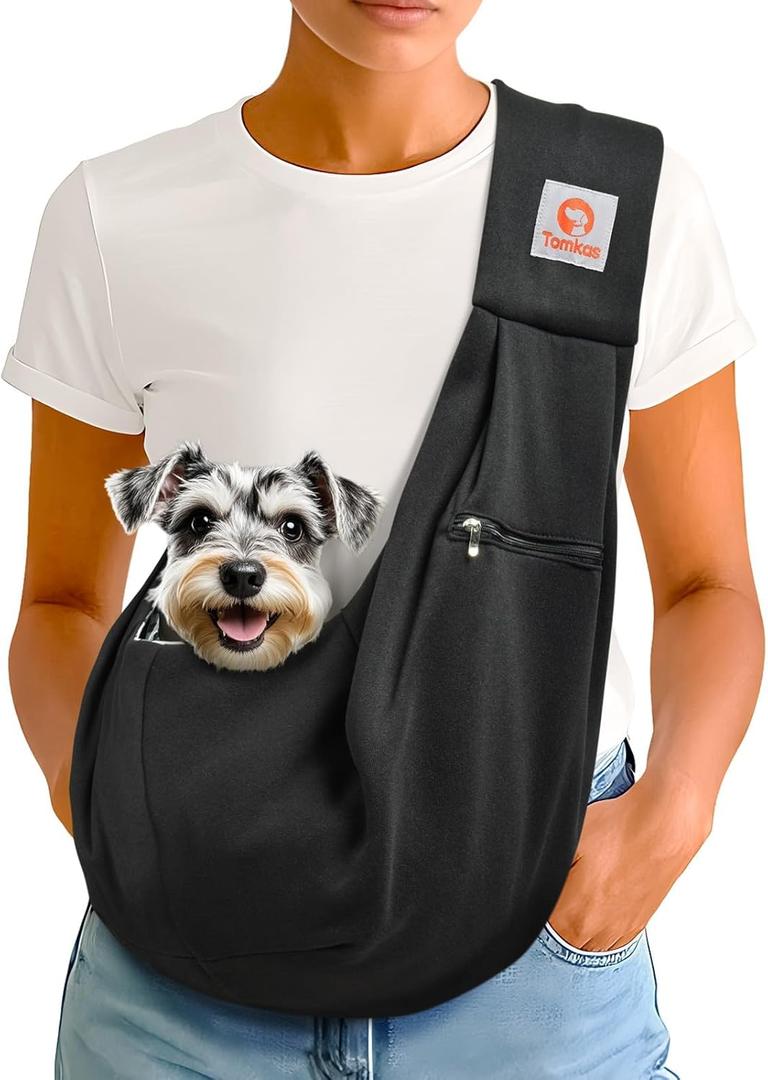 Tomkas Small Dog Cat Sling Carrier Puppy Purse Travel Wrap Soft Crossbody Pet Bag (Black, M - Zip Pocket & Classic Strap)