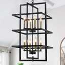 Pavloatu 33.46" Large Black Chandelier for High Ceilings Tiered Pendant Light Fixtures Rectangular Farmhouse Chandelier for Foyer Entryway Staircase Living Room Kitchen Island 8 Lights