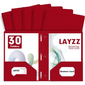 LAYZZ Plastic 2 Pocket Folders with Prongs, 30 Pack, Heavyweight, Letter Size Poly Folders with 3 Metal Prongs Fastener Clips (Red)