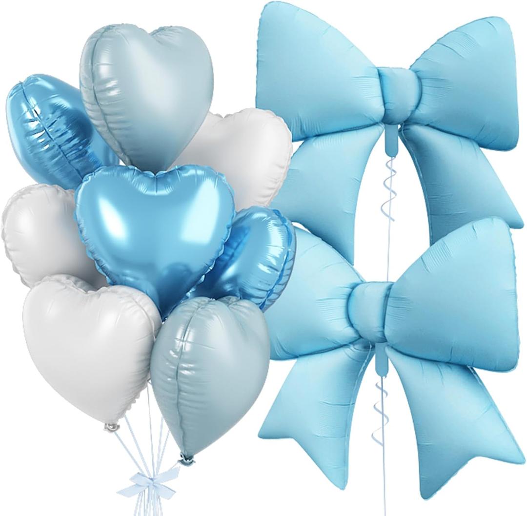 Blue White Heart Balloons, Blue Bow Balloons, 10 Pcs 18 Inch Heart Shaped Balloon and 38 Inch Helium Bow Foil Balloon for Baby Shower Birthday Party Wedding Bridal Engagement Anniversary Party Decor