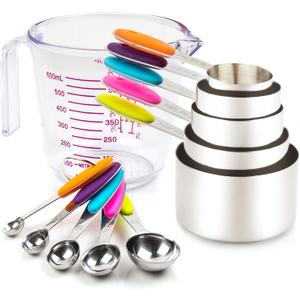 Measuring Cups and Spoons Set 11 Piece. Includes 10 Stainless Steel Measuring Spoons and Cups Set and 1 Plastic Measuring Cup. Liquid Measuring Cups Set and Dry Metal Measuring Cup Set