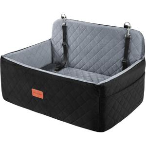 HEGGCOOE Dog Car Seat for Medium/Large Dogs, Pet Booster Seat for Up to 55 lbs or 2 Small Dogs, Detachable & Washable Dog Car Bed for Backseat with 2 Safety Leashes (Black/Grey)