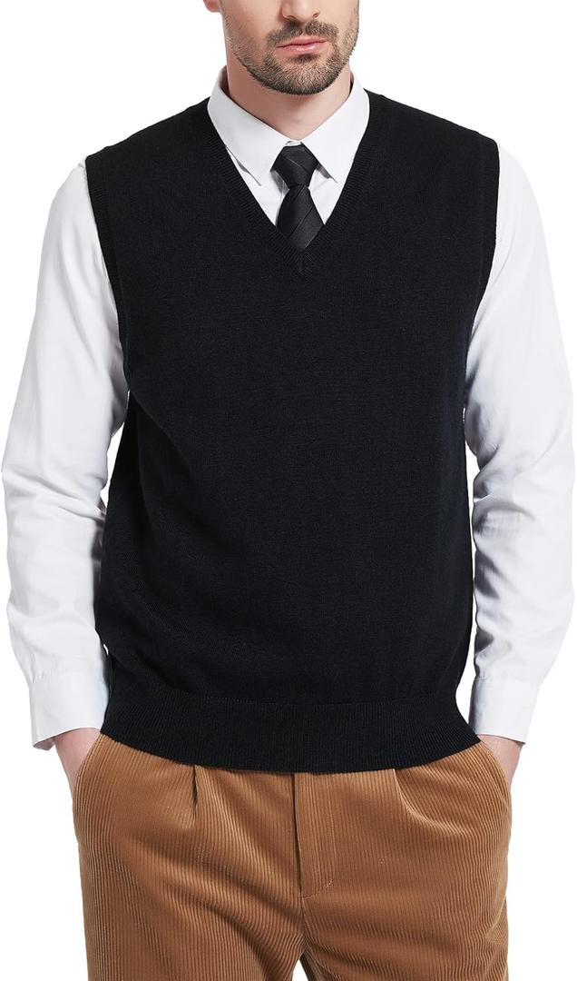 Kallspin Men's Wool Blended Vest Sweater Relaxed Fit V Neck Sleeveless Knitted Pullover (Large, Black) Kallspin Men's Wool Blended Vest Sweater Relaxed Fit V Neck Sleeveless Knitted Pullover (Large, Black)